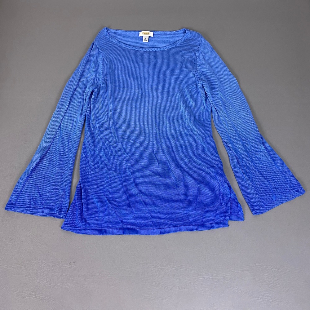 Talbots Sweater Women's Size Large Blue Tencel Viscose Ribbed Knit Bell Sleeve